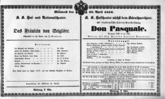 Theaterzettel (Oper und Burgtheater in Wien) 18520428 Seite: 1