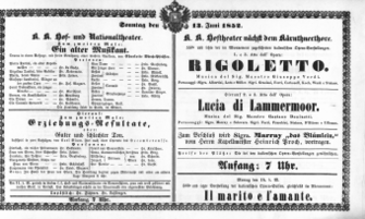 Theaterzettel (Oper und Burgtheater in Wien) 18520613 Seite: 1