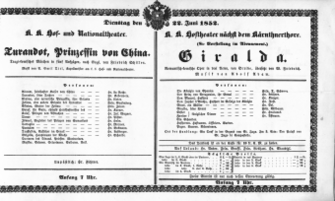Theaterzettel (Oper und Burgtheater in Wien) 18520622 Seite: 1