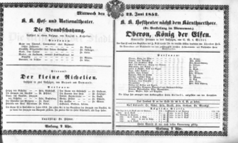 Theaterzettel (Oper und Burgtheater in Wien) 18520623 Seite: 1