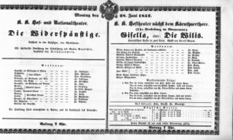 Theaterzettel (Oper und Burgtheater in Wien) 18520628 Seite: 1