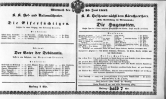 Theaterzettel (Oper und Burgtheater in Wien) 18520630 Seite: 1