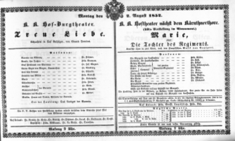 Theaterzettel (Oper und Burgtheater in Wien) 18520802 Seite: 1