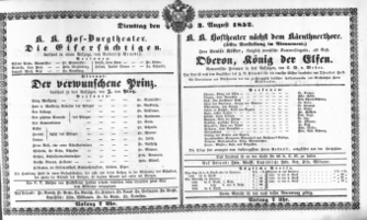 Theaterzettel (Oper und Burgtheater in Wien) 18520803 Seite: 1