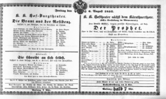Theaterzettel (Oper und Burgtheater in Wien) 18520806 Seite: 1