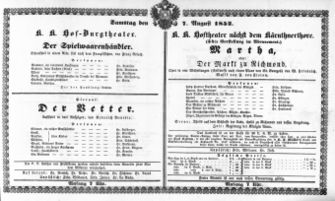 Theaterzettel (Oper und Burgtheater in Wien) 18520807 Seite: 1
