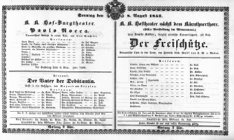 Theaterzettel (Oper und Burgtheater in Wien) 18520808 Seite: 1