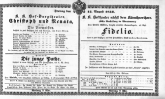 Theaterzettel (Oper und Burgtheater in Wien) 18520813 Seite: 1
