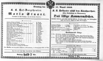 Theaterzettel (Oper und Burgtheater in Wien) 18520817 Seite: 1