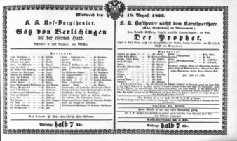 Theaterzettel (Oper und Burgtheater in Wien) 18520818 Seite: 1