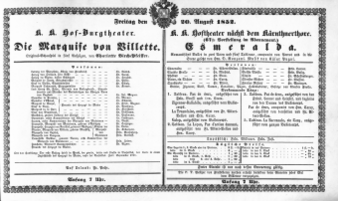 Theaterzettel (Oper und Burgtheater in Wien) 18520820 Seite: 1