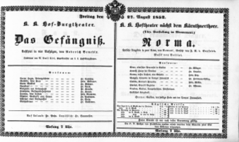 Theaterzettel (Oper und Burgtheater in Wien) 18520827 Seite: 1