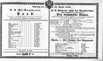 Theaterzettel (Oper und Burgtheater in Wien) 18520828 Seite: 1