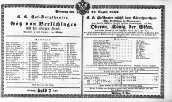 Theaterzettel (Oper und Burgtheater in Wien) 18520829 Seite: 1