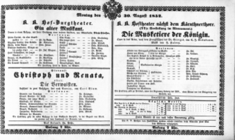 Theaterzettel (Oper und Burgtheater in Wien) 18520830 Seite: 1
