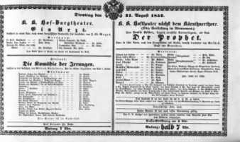 Theaterzettel (Oper und Burgtheater in Wien) 18520831 Seite: 1