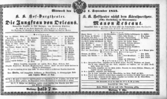 Theaterzettel (Oper und Burgtheater in Wien) 18520901 Seite: 1