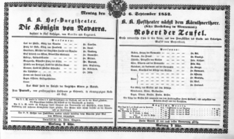 Theaterzettel (Oper und Burgtheater in Wien) 18520906 Seite: 1