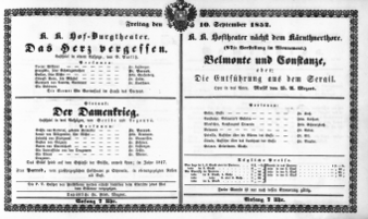 Theaterzettel (Oper und Burgtheater in Wien) 18520910 Seite: 1
