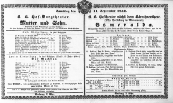 Theaterzettel (Oper und Burgtheater in Wien) 18520911 Seite: 1