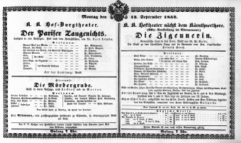 Theaterzettel (Oper und Burgtheater in Wien) 18520913 Seite: 1