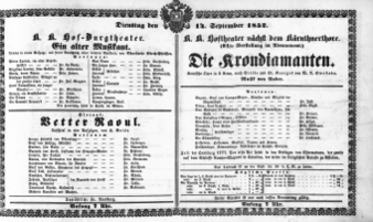 Theaterzettel (Oper und Burgtheater in Wien) 18520914 Seite: 1