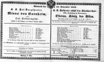 Theaterzettel (Oper und Burgtheater in Wien) 18520915 Seite: 1