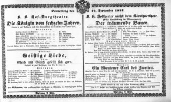 Theaterzettel (Oper und Burgtheater in Wien) 18520916 Seite: 1