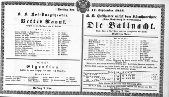 Theaterzettel (Oper und Burgtheater in Wien) 18520917 Seite: 1