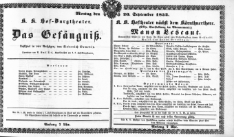 Theaterzettel (Oper und Burgtheater in Wien) 18520920 Seite: 1