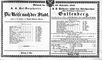 Theaterzettel (Oper und Burgtheater in Wien) 18520922 Seite: 1