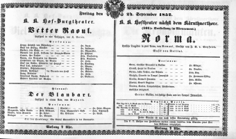 Theaterzettel (Oper und Burgtheater in Wien) 18520924 Seite: 1