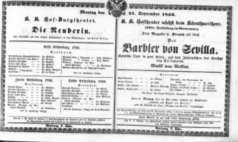 Theaterzettel (Oper und Burgtheater in Wien) 18520927 Seite: 1