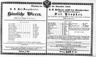 Theaterzettel (Oper und Burgtheater in Wien) 18520928 Seite: 1