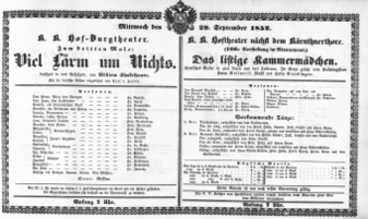 Theaterzettel (Oper und Burgtheater in Wien) 18520929 Seite: 1