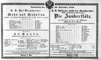 Theaterzettel (Oper und Burgtheater in Wien) 18520930 Seite: 1