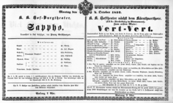Theaterzettel (Oper und Burgtheater in Wien) 18521004 Seite: 1