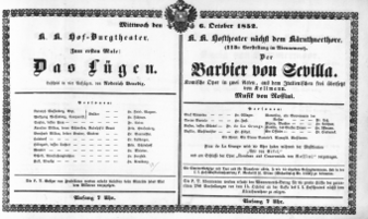 Theaterzettel (Oper und Burgtheater in Wien) 18521006 Seite: 1