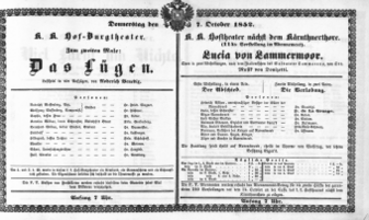 Theaterzettel (Oper und Burgtheater in Wien) 18521007 Seite: 1