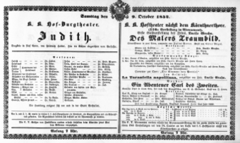Theaterzettel (Oper und Burgtheater in Wien) 18521009 Seite: 1