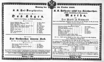 Theaterzettel (Oper und Burgtheater in Wien) 18521010 Seite: 1