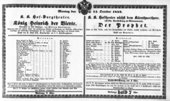 Theaterzettel (Oper und Burgtheater in Wien) 18521011 Seite: 1