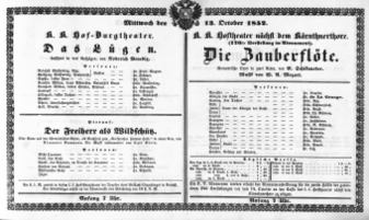 Theaterzettel (Oper und Burgtheater in Wien) 18521013 Seite: 1