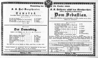 Theaterzettel (Oper und Burgtheater in Wien) 18521014 Seite: 1