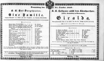 Theaterzettel (Oper und Burgtheater in Wien) 18521021 Seite: 1