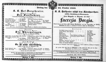 Theaterzettel (Oper und Burgtheater in Wien) 18521022 Seite: 1
