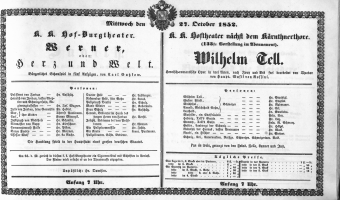 Theaterzettel (Oper und Burgtheater in Wien) 18521027 Seite: 1