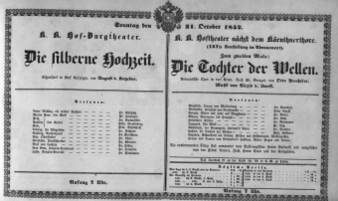 Theaterzettel (Oper und Burgtheater in Wien) 18521031 Seite: 1