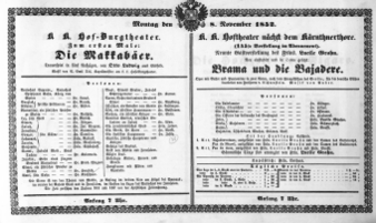 Theaterzettel (Oper und Burgtheater in Wien) 18521108 Seite: 1