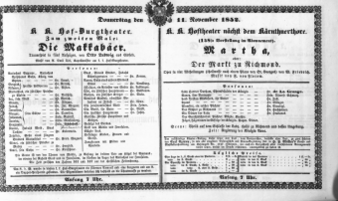 Theaterzettel (Oper und Burgtheater in Wien) 18521111 Seite: 1